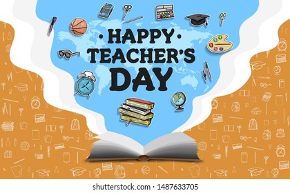 happy teachers day banner with school equipment. vector illustration