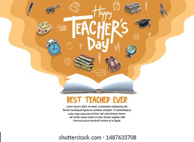 happy teachers day banner with school equipment. vector illustration