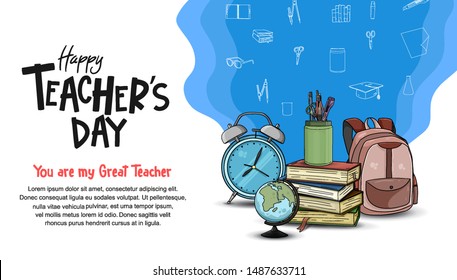 happy teachers day banner with school equipment. vector illustration