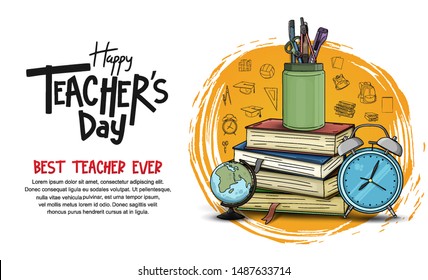 happy teachers day banner with school equipment. vector illustration