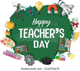 Happy Teacher's Day banner with school stuffs illustration