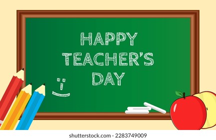 Happy teachers day banner, school blackboard with pencil and apple elements