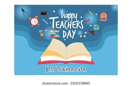 Happy teachers day banner with school equipment. flat vector modern illustration 