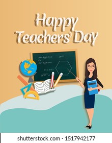 Happy Teacher's day in the beach tone concept - teacher with pointer and globe chalkboard pencils book ruler semi circle and triangular protractor - Paper Cut Out -Vector Illustration