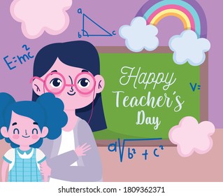 happy teachers day, beautiful teacher pupil with blackboard and rainbow vector illustration