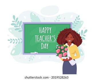 Happy teacher's day. Black female teacher with flowers in classroom. Vector illustration