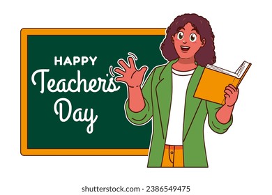 Happy Teachers Day with Black female teacher and chalkboard