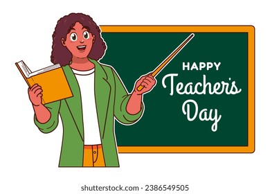 Happy Teachers Day with Black female teacher and chalkboard