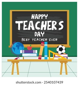 Happy Teachers Day. Blackboard with educational equipment. Teacher's Day concept. Flat vector illustration.