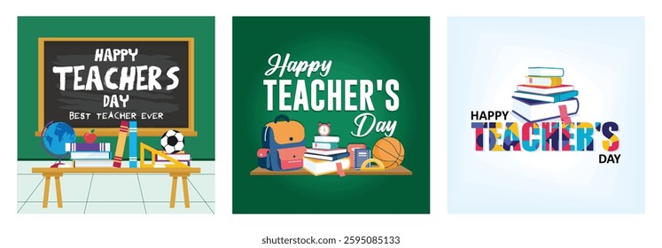 Happy Teachers Day. Blackboard with educational equipment. Happy Teachers Day greetings with school supplies. Celebrating Teacher's Day, October 5. Teacher's Day concept. Set flat vector illustration.