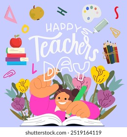 Happy Teacher's Day. Bouquet of colorful flowers, tulips and congratulation text Happy Teachers day. Flat little girl character writing a greeting for her teacher