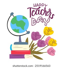 Feliz Dia do Professor. Buquê de tulipas coloridas e texto de congratulação Feliz Dia dos Professores. Cartaz gentil para felicitar seu professor favorito