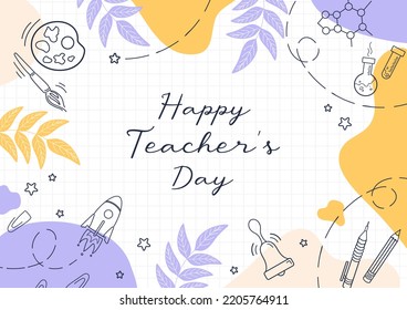 Happy Teacher's Day. Bright modern banner in sketch style, colored blots. Learning symbols. For posters, cards, banners, advertising banners, websites, flyers.