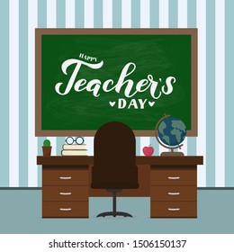 Happy Teachers Day calligraphy hand lettering on green board with wooden frame and deck . Easy to edit vector template for typography poster, banner, flyer, greeting card, postcard, sign, etc.