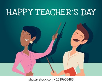 happy teachers day card with couple of teachers vector illustration design