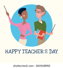 happy teachers day card with couple of teachers vector illustration design