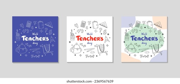 Happy Teachers day card with school doodle illustration. Social media Post template set. Best teacher ever poster concept. Lettering composition. Vector flat illustration. Excellent gift card.