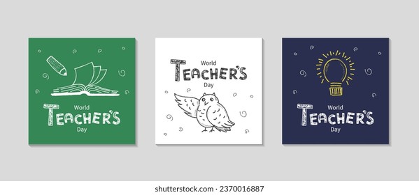 Happy Teachers day card with school chalk doodle, illustration. Social media Post template set. Best teacher ever poster concept. chalk text. Vector flat illustration. Excellent gift card.