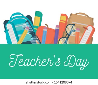 happy teachers day card with schoolbag and supplies vector illustration design