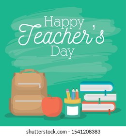 happy teachers day card with schoolbag and supplies vector illustration design