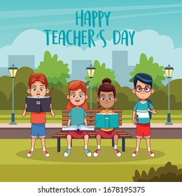 happy teachers day card with students in the field vector illustration design