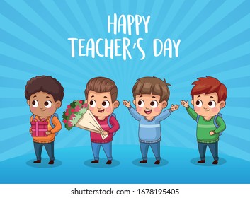 happy teachers day card with students and flowers bouquet vector illustration design