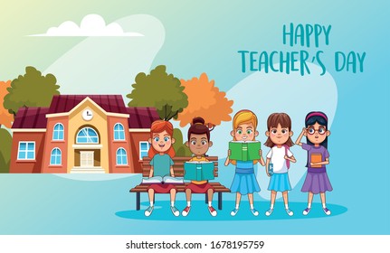happy teachers day card with students outdoor school vector illustration design