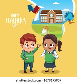 happy teachers day card with students outdoor school vector illustration design