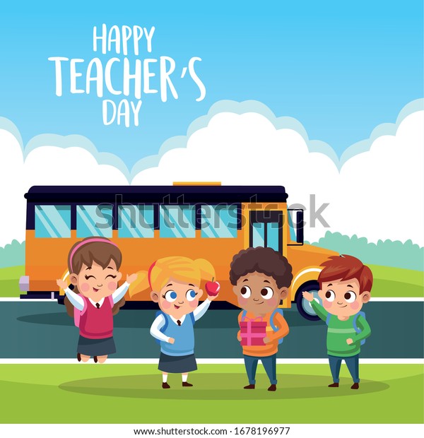 happy teachers day card with students in the bus\
stop vector illustration\
design