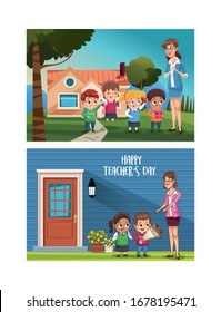 happy teachers day card with teacher and students outdoor house vector design