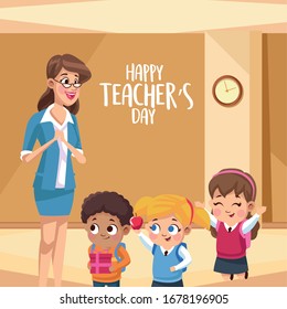 happy teachers day card with teacher in the school vector illustration design