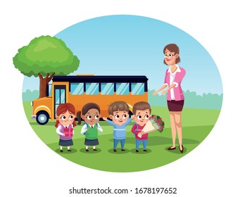 happy teachers day card with teacher and students in bus school vector illustration design
