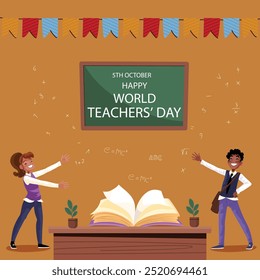 Happy teachers day cartoon character flat design background vector illustration EPS10. Education template.