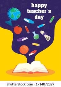 happy teachers day celebration with book and supplies vector illustration design
