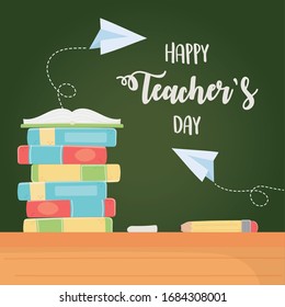 feliz día de los profesores, lápices de pilas de pizarra y ilustración vectorial de la escuela de plano de papel