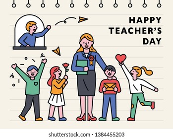 happy teachers day characters. note concept. flat design style minimal vector illustration