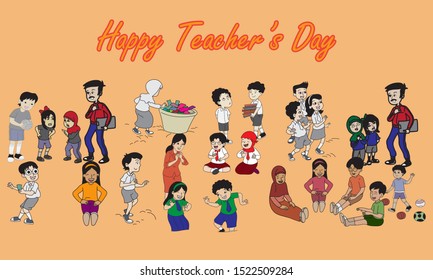 Happy Teacher's Day. Happy Children's Doing Different Activities. Set of Colorful Vector Illustrations