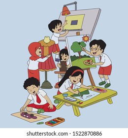 Happy Teacher's Day. Happy Children's Doing Different Activities. Set of Colorful Vector Illustrations