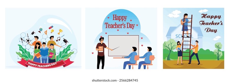 Happy Teacher's Day. Classroom with Teacher and Students. Students Climbing Ladder and School building Background. Set flat vector modern illustration 