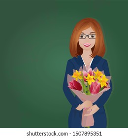 Happy teachers day. Concept. Female teacher on lesson at blackboard in classroom. Vector illustration