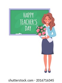 Happy teacher's day concept. Female teacher in classroom with chalkboard. Vector illustration