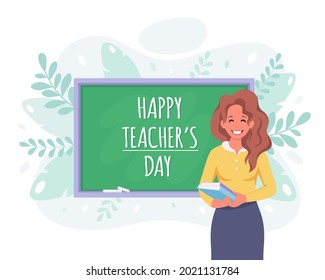 Happy teacher's day concept. Female teacher in classroom with chalkboard. Vector illustration