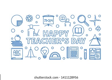 Happy Teacher's Day concept outline blue horizontal banner. Vector illustration on white background