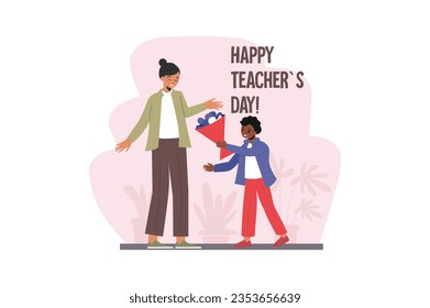 Happy Teachers day concept with people scene in the flat cartoon design. The little student rushes to the teacher with a bouquet to congratulate her on her professional holiday. Vector illustration.