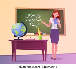 Happy teacher`s day concept. The teacher is standing by the chalkboard and table with globe, books and stationery items. Vector illustration.