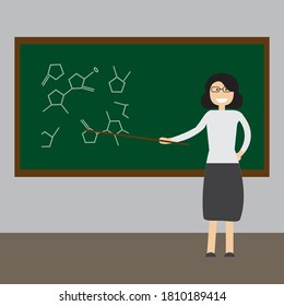 Happy Teacher's Day concept. Teacher points to the chemical symbols on the Board. Vector stock illustration.