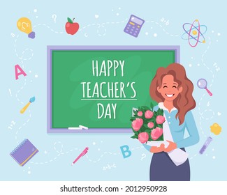 Happy teacher's day concept. Teacher in classroom. Vector illustration