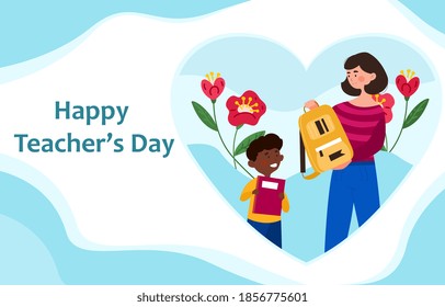 Happy teachers day concept. Woman teacher with cute kid pupil. Banner, greeting card, postcard or poster template. Cartoon flat vector illustration