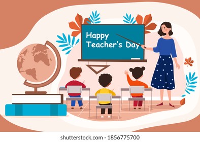 Happy teachers day concept. A woman teacher standing opposite the students and pointing to blackboard with pointer. Banner, greeting card, postcard or poster template. Flat cartoon vector illustration