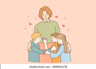 Happy teachers day concept. Young smiling woman teacher cartoon character standing and embracing smiling children pupils vector illustration in classroom or outdoors